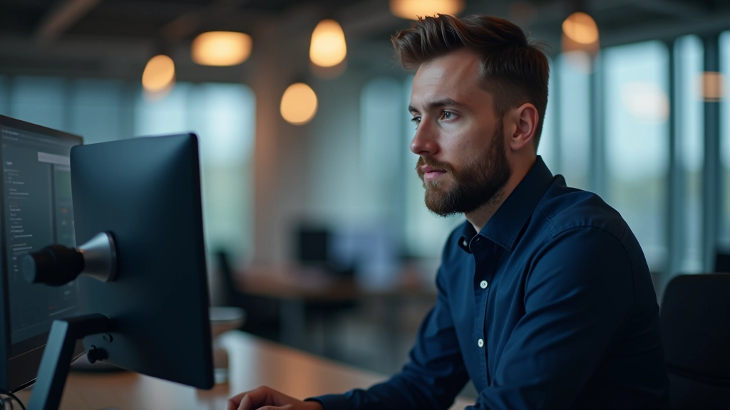 Vīrs pie datora, skatīdams profesionālo profilu LinkedIn, biroja vide