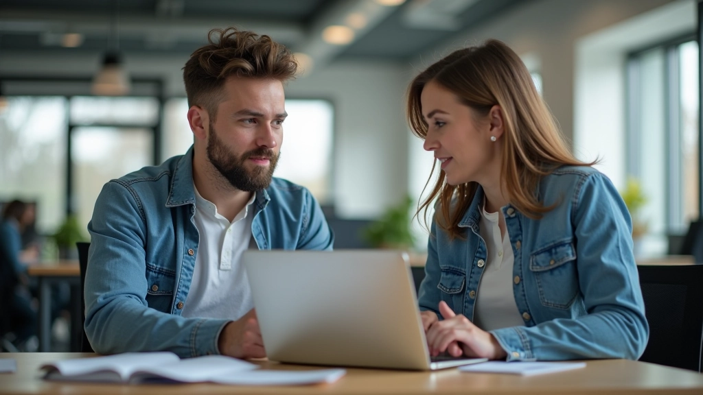 Divi IT kolēģi diskutē par kodēšanas projektu, laptops redzams